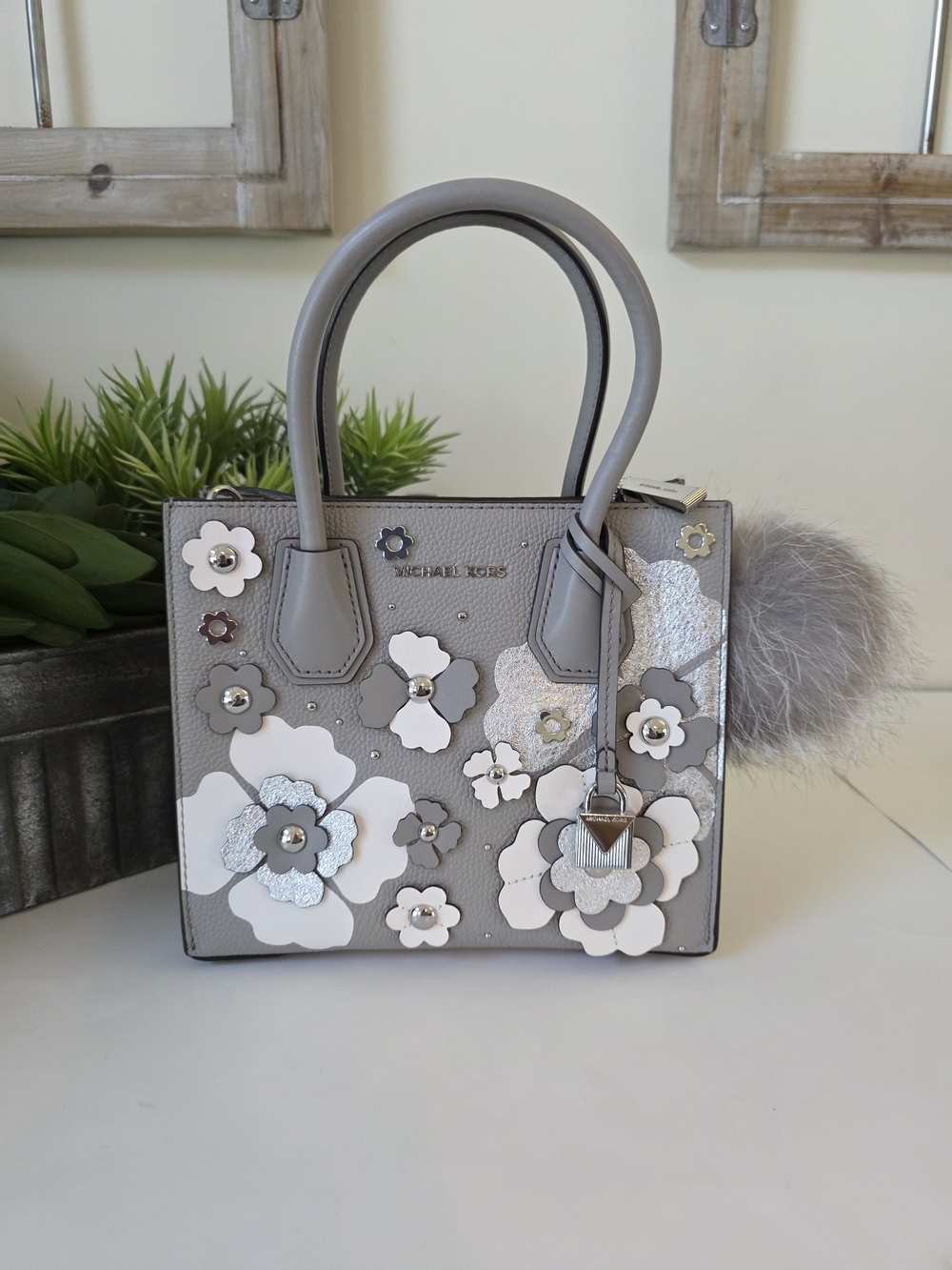 Michael Kors Mercer Floral Leather Crossbody Satchel Pearl Grey Limited Edition - Picture 2 of 13